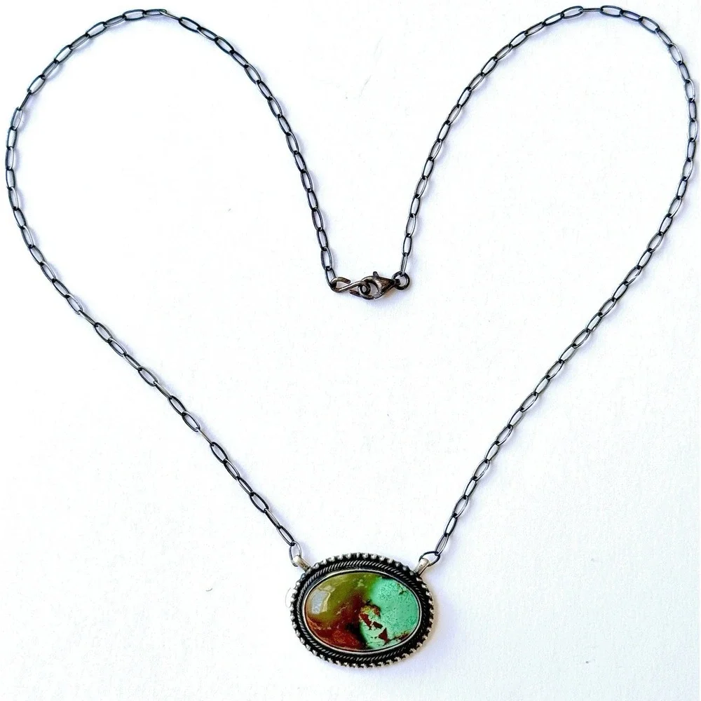 Navajo Royston Turquoise Bar Necklace 14in-20 Adjustable Sterling‎ Signed Skeets
